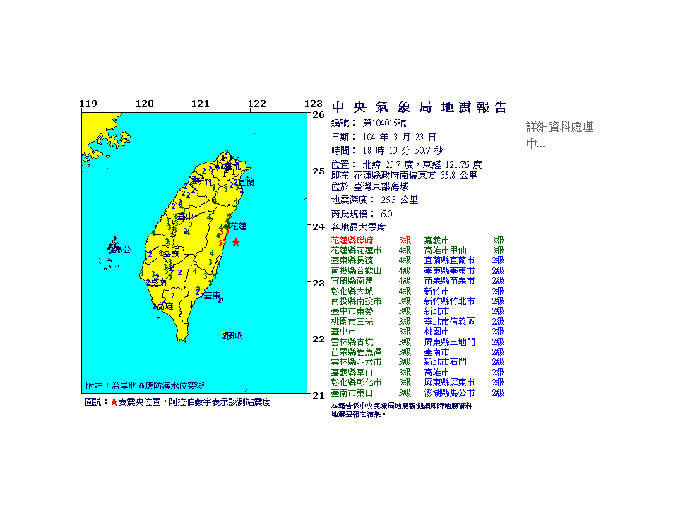 花蓮東部海域規模6.0地震 最大震度5級